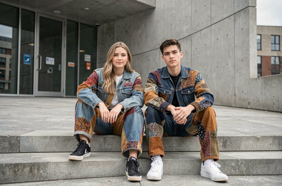 Deux ami·e·s portant des tenues patchwork colorées en denim et velours côtelé sur les marches d'un centre culturel moderne, illustrant la tendance upcycling et DIY dans la mode émergente