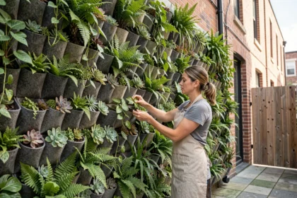 Femme installant des plantes dans un mur végétal extérieur en poches de feutre sur une façade moderne