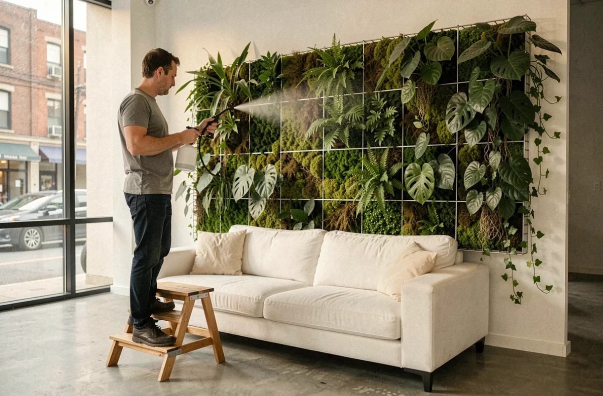 Homme entretenant un mur végétal intérieur avec des plantes tropicales dans un salon contemporain