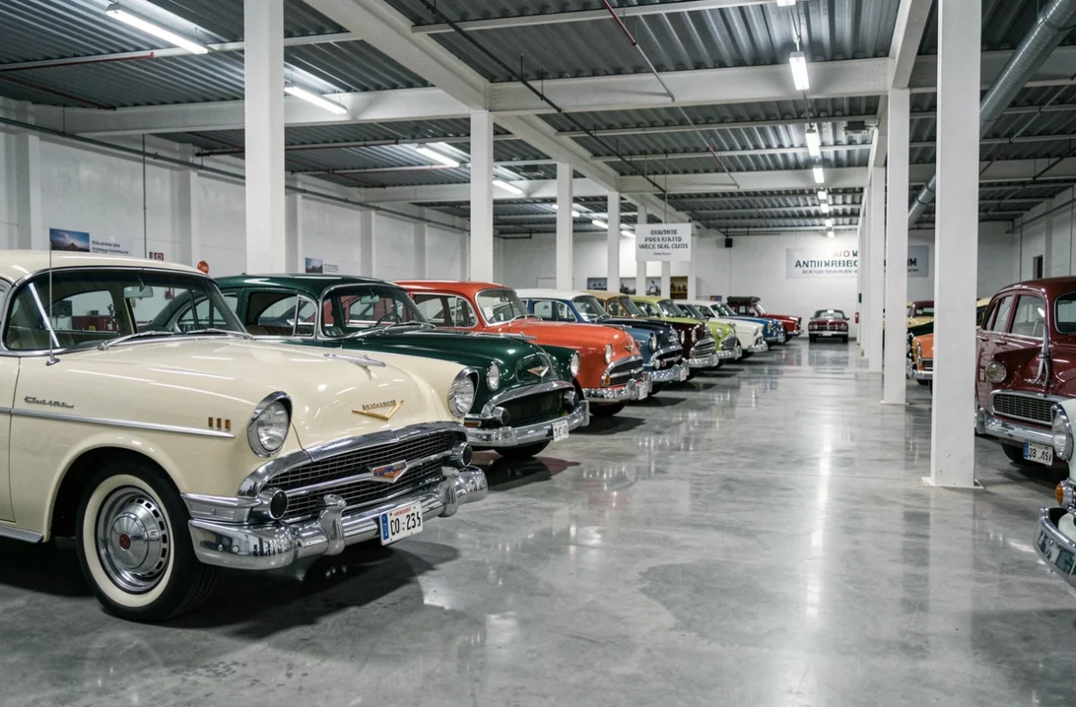 Collection de véhicules anciens préservés dans un musée automobile avec rangées de voitures classiques des années 1950 à 1980