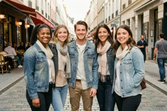 Groupe de jeunes adultes de différentes nationalités souriants dans une rue animée d'une ville européenne cosmopolite