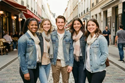 Groupe de jeunes adultes de différentes nationalités souriants dans une rue animée d'une ville européenne cosmopolite