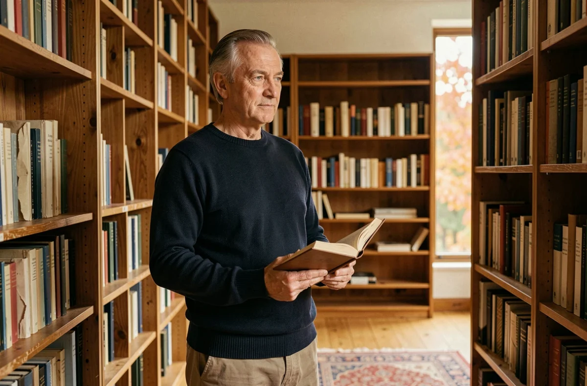 Homme contemplatif dans une bibliothèque ancienne symbolisant la quête des niveaux supérieurs de conscience et de sagesse
