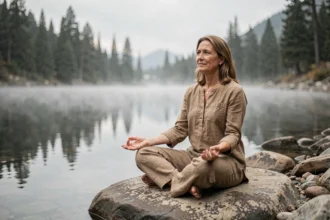 Femme en méditation profonde au bord d'un lac de montagne, illustrant les niveaux élevés de conscience et l'éveil intérieur