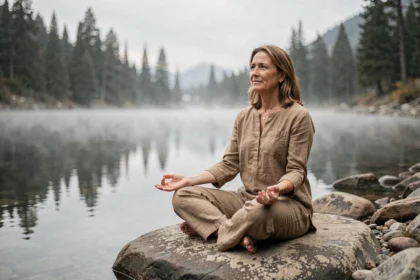 Femme en méditation profonde au bord d'un lac de montagne, illustrant les niveaux élevés de conscience et l'éveil intérieur