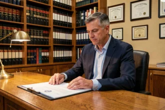 Notaire assis à son bureau en train d'examiner des documents officiels liés à un prêt immobilier