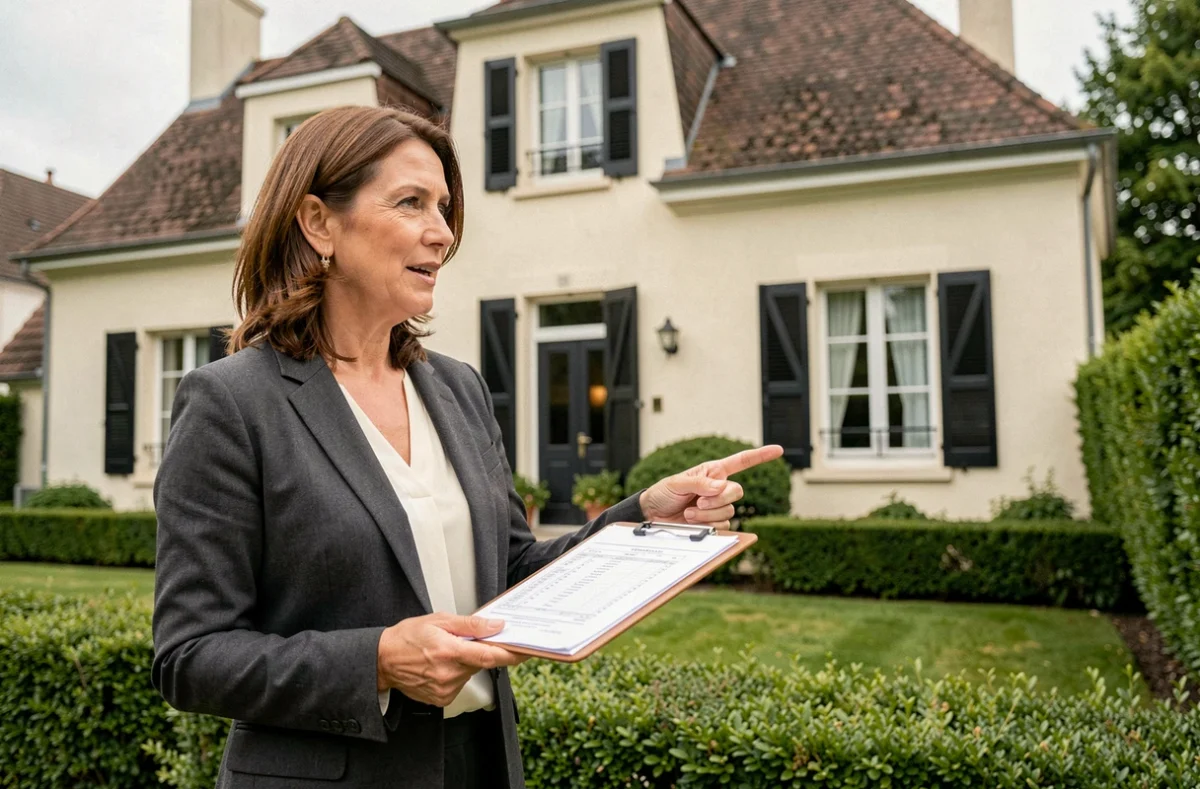 Notaire effectuant une estimation immobilière sur site devant une maison pavillonnaire française avec un clipboard