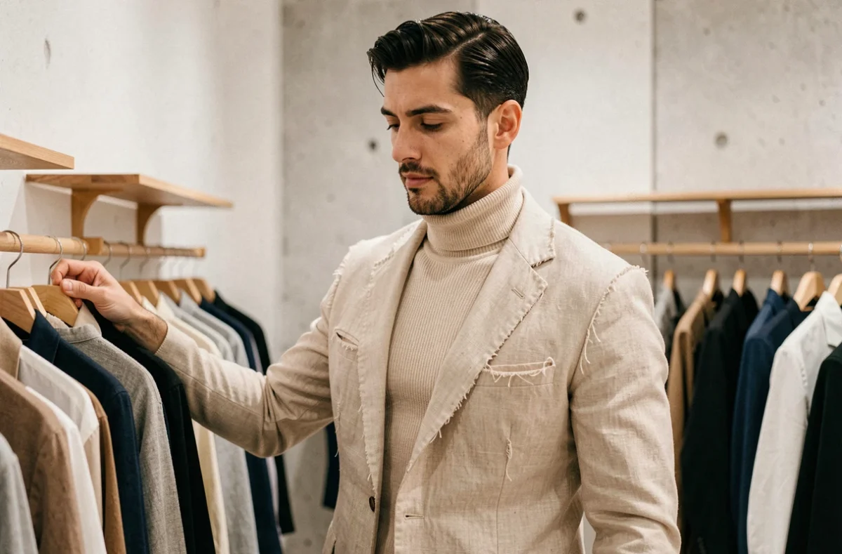 Homme en costume en lin déconstruit et col roulé écru dans un concept store minimaliste, représentant les nouvelles tendances de la mode masculine