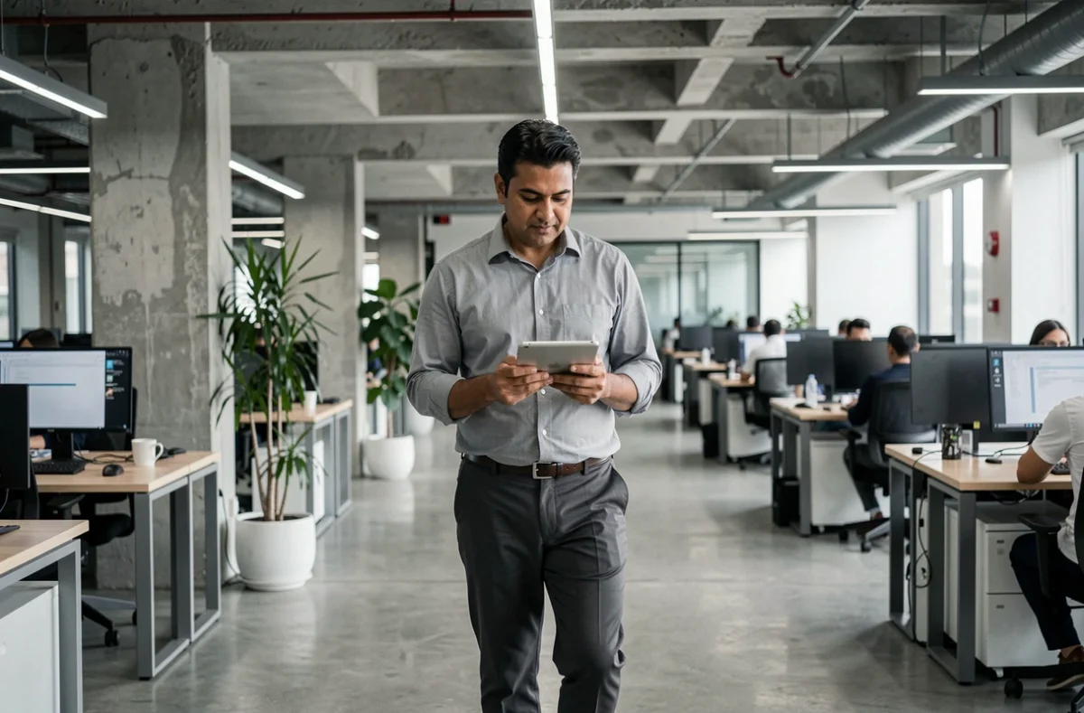 Cadre dirigeant d'une grande entreprise numérique traversant un open space moderne avec une tablette à la main