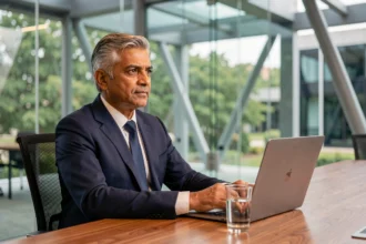 PDG d'une grande entreprise technologique assis en réunion dans un bureau moderne de style Silicon Valley