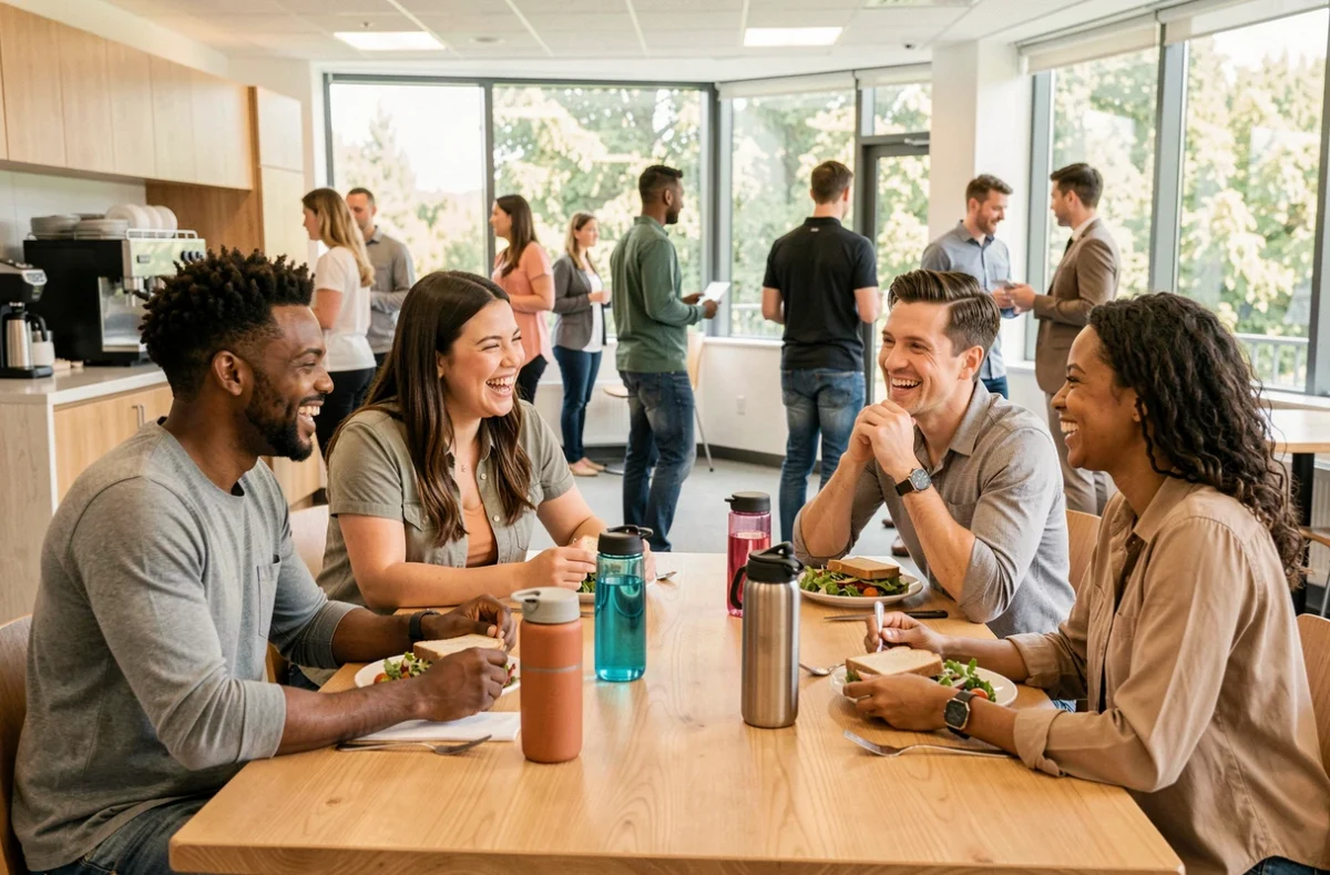 Collègues de profils divers partageant une pause déjeuner conviviale dans une cafétéria d'entreprise moderne