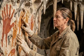 Archéologue examinant des peintures rupestres préhistoriques sur une paroi de grotte en pierre calcaire