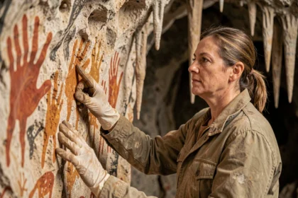 Archéologue examinant des peintures rupestres préhistoriques sur une paroi de grotte en pierre calcaire