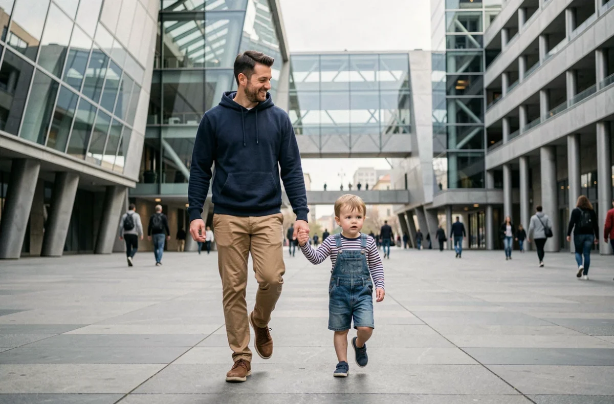 Père se promenant avec son enfant de 3 ans devant un musée moderne lors d'une visite culturelle en famille en ville