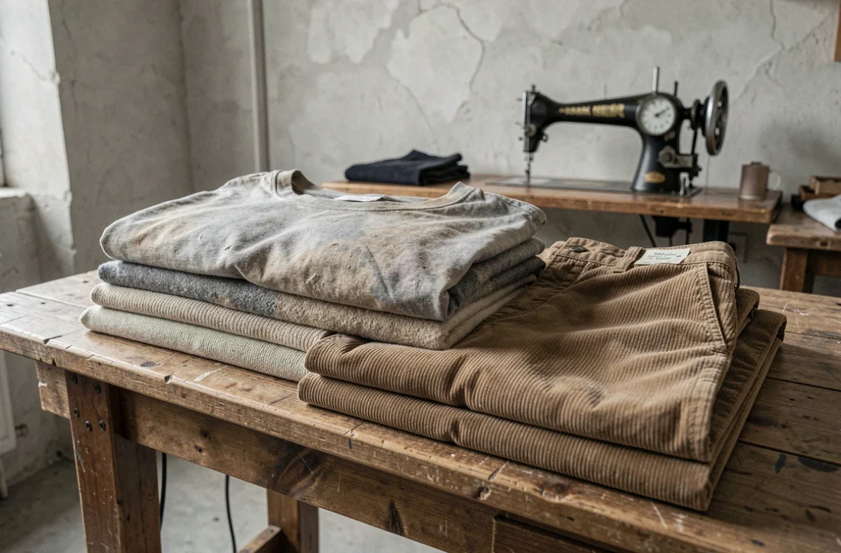 Pile de vêtements usés aux signes d'usure visibles sur une table en bois dans un atelier de couture