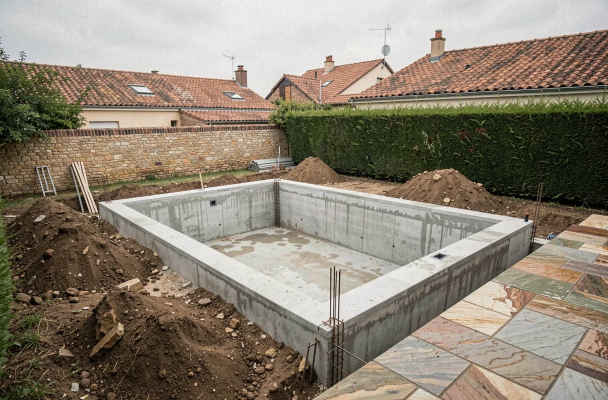 Piscine enterrée en cours de construction dans un jardin résidentiel avec murs en béton et matériaux de chantier visibles