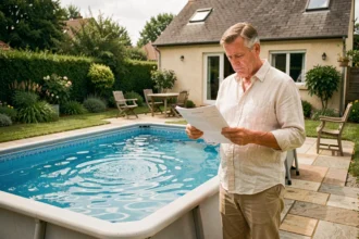 Propriétaire consultant des documents administratifs près d'une piscine hors-sol dans un jardin de maison individuelle