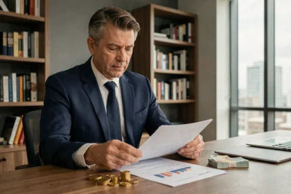 Homme d'affaires analysant des documents financiers et des pièces d'or sur un bureau en bois, stratégie de placement en période de stagflation