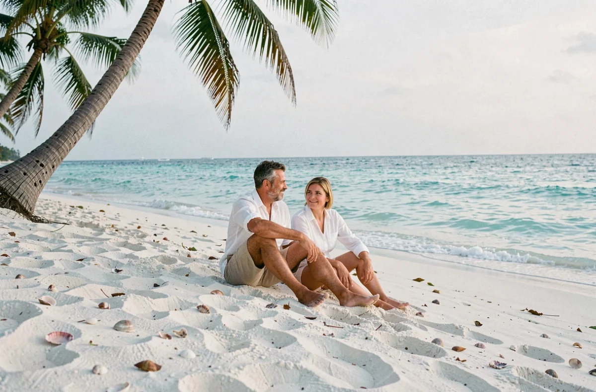 Couple assis sur une plage de sable blanc du Mexique avec eau turquoise de la mer des Caraïbes