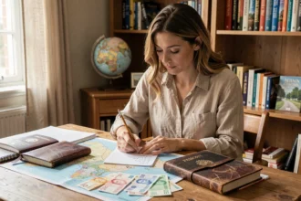 Femme planifiant un tour du monde avec des cartes, un journal de voyage et des billets de banque étrangers sur un bureau en bois