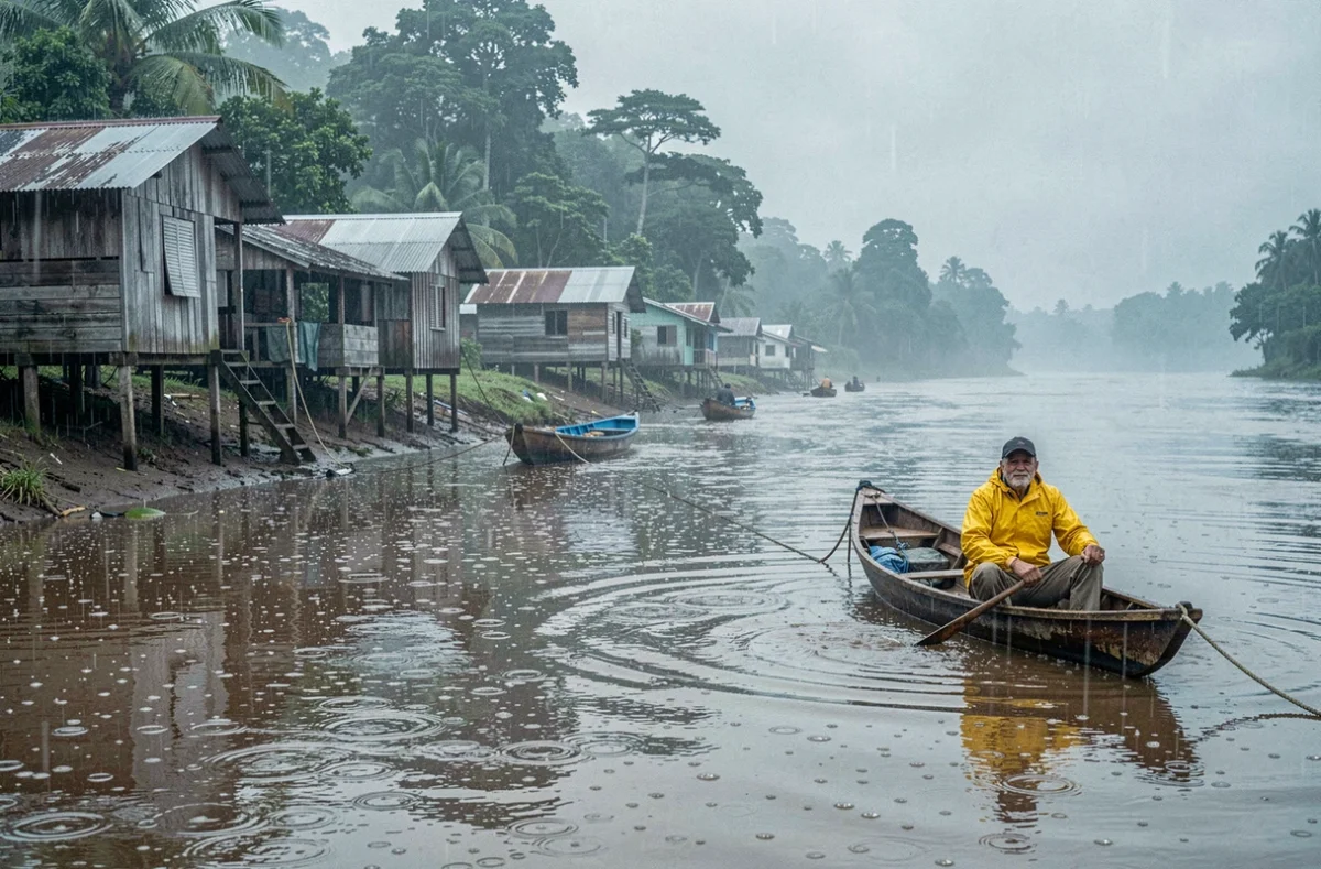 Pluie tombant sur un fleuve amazonien avec des maisons sur pilotis et un pêcheur en imperméable jaune au Brésil