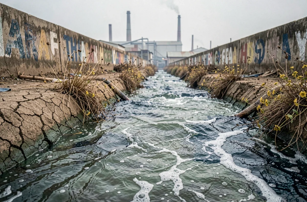 Canal industriel pollué aux eaux teintées en bleu par les rejets d'une usine de teinture denim, symbolisant la pollution hydrique liée à la fabrication du jean