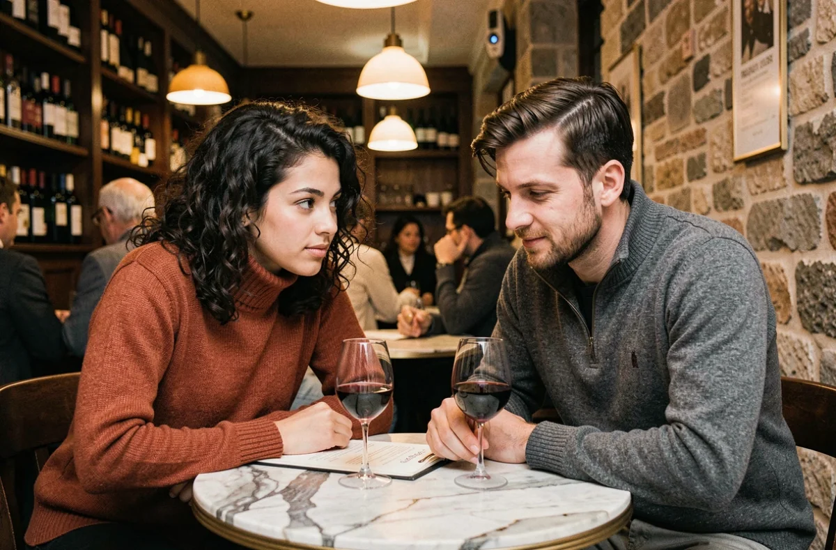 Couple lors d'un premier rendez-vous dans un bar à vins parisien chaleureux avec murs en pierre apparente