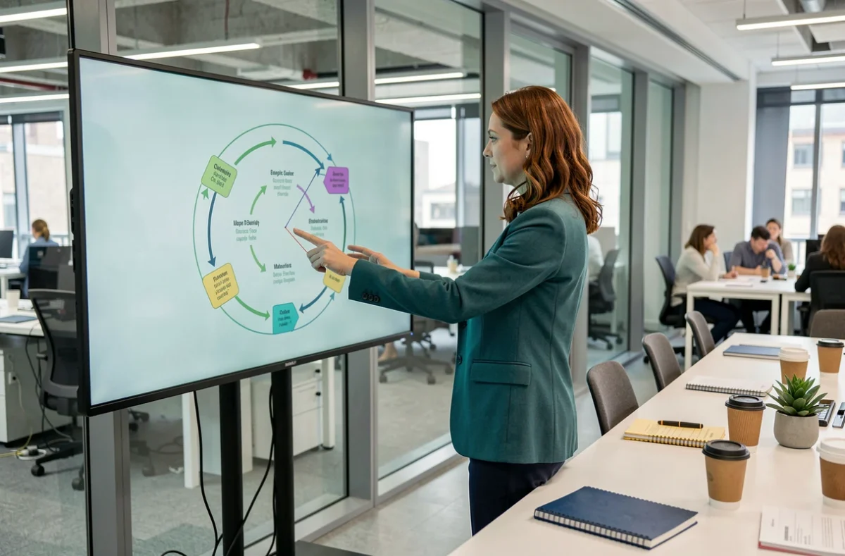 Femme d'affaires présentant un schéma d'économie circulaire lors d'une réunion dans un espace de coworking moderne