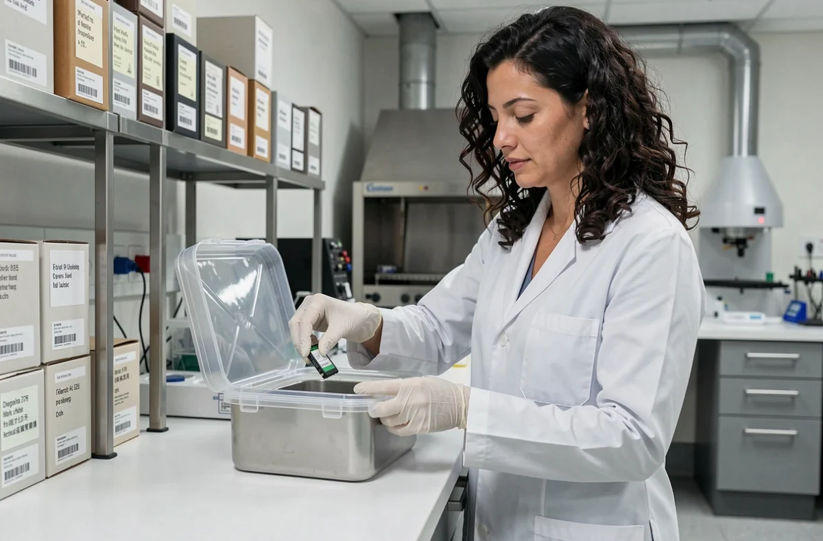 Chercheuse en laboratoire plaçant un support de stockage longue durée dans un conteneur sous vide pour la préservation de données