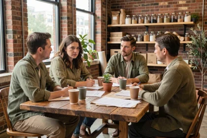 Groupe de professionnels discutant des principes de durabilité autour d'une table en bois avec des matériaux écologiques
