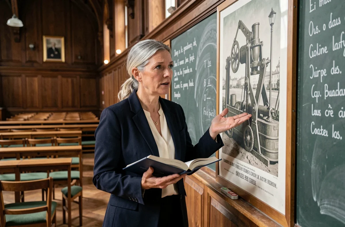 Professeure d'histoire expliquant l'invention du moteur à eau français dans une salle de cours universitaire