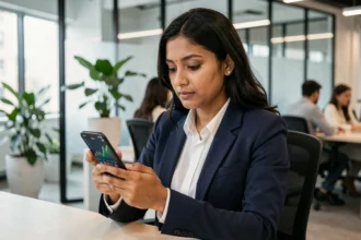 Une professionnelle de la fintech analysant des données financières sur smartphone dans un bureau moderne