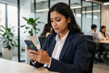 Une professionnelle de la fintech analysant des données financières sur smartphone dans un bureau moderne