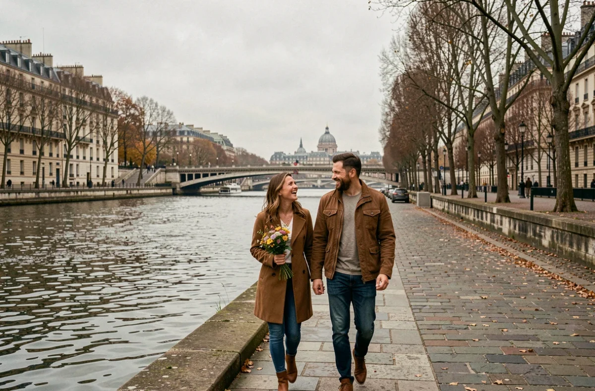 Couple se promenant main dans la main le long des quais de Seine à Paris en automne