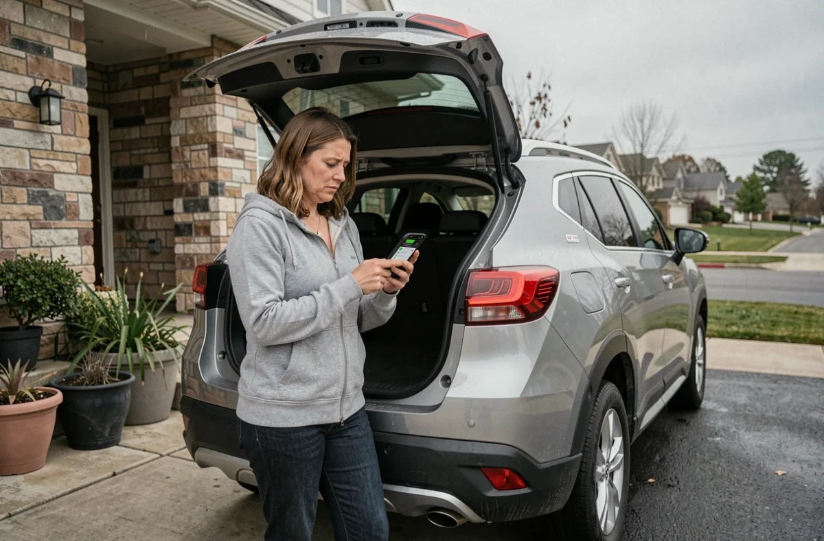 Propriétaire de voiture hybride vérifiant l'état de sa batterie via une application smartphone dans une allée résidentielle