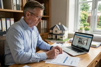 Propriétaire consultant des documents officiels sur la prime Renov pour sa résidence secondaire dans un bureau à domicile