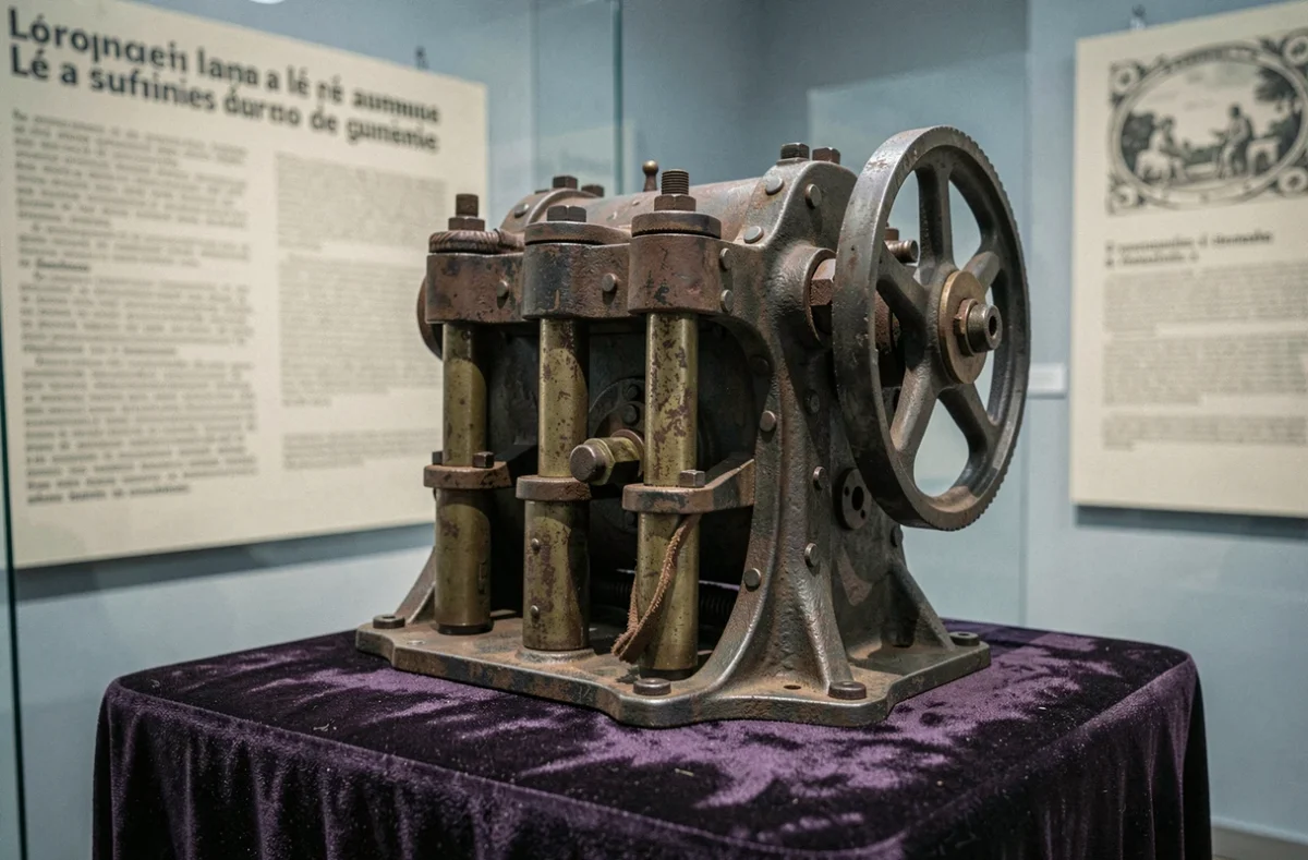 Détail d'un prototype de moteur à eau ancien exposé dans un musée scientifique français