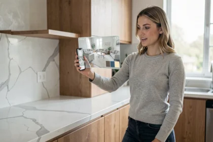 Femme utilisant la réalité augmentée sur smartphone pour visualiser des meubles dans sa cuisine moderne