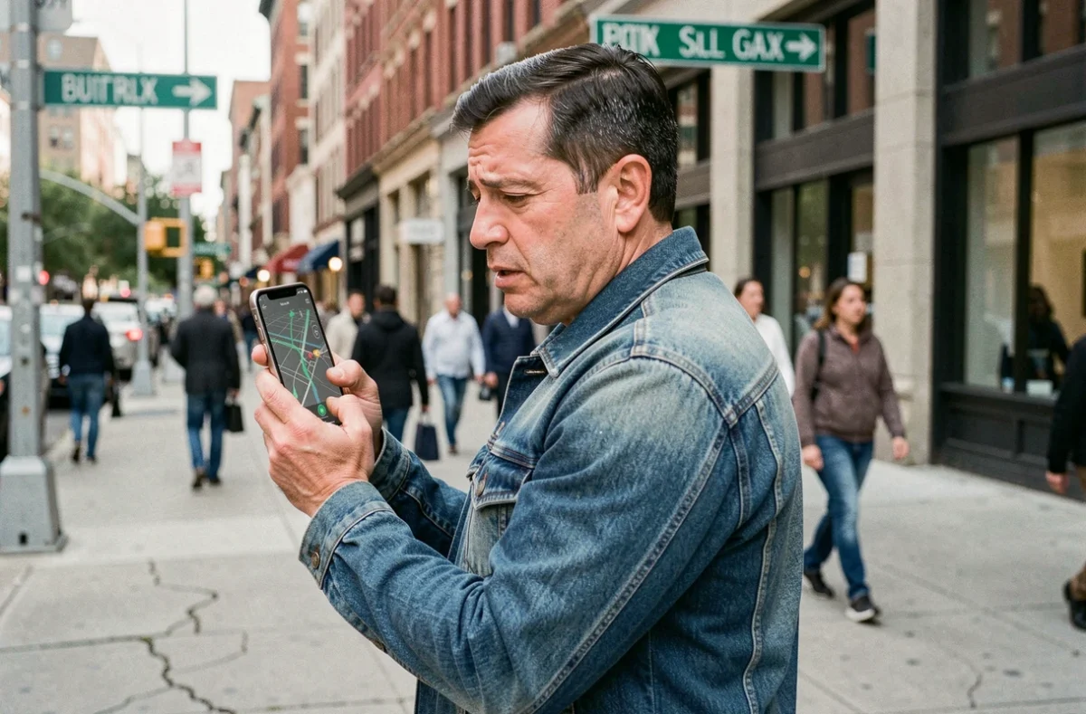 Homme utilisant la réalité augmentée sur smartphone avec une superposition GPS défaillante en pleine rue urbaine