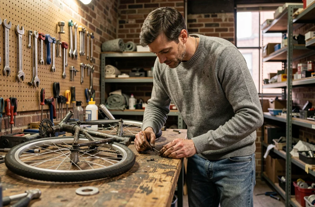 Homme réparant un vélo dans un atelier artisanal illustrant le principe de réparation dans l'économie circulaire