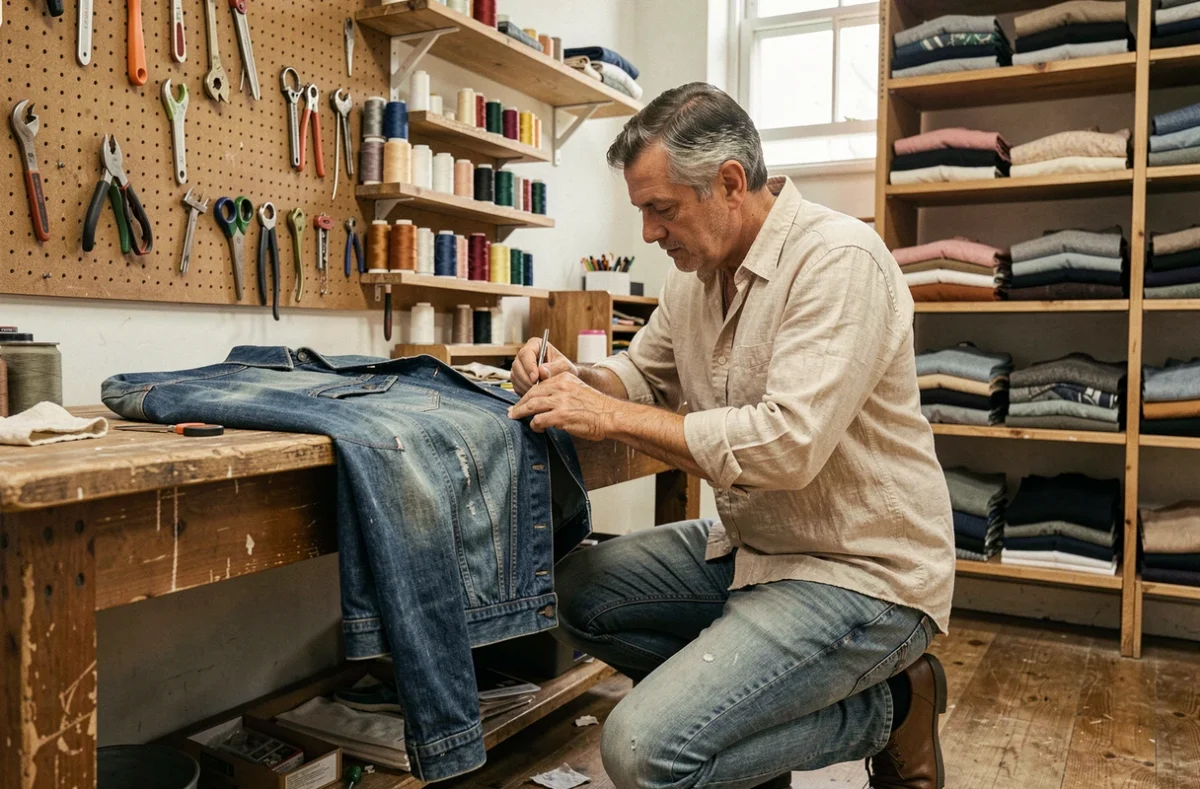 Artisan réparant une veste dans un atelier de couture, symbolisant la longévité et la réparabilité des vêtements durables