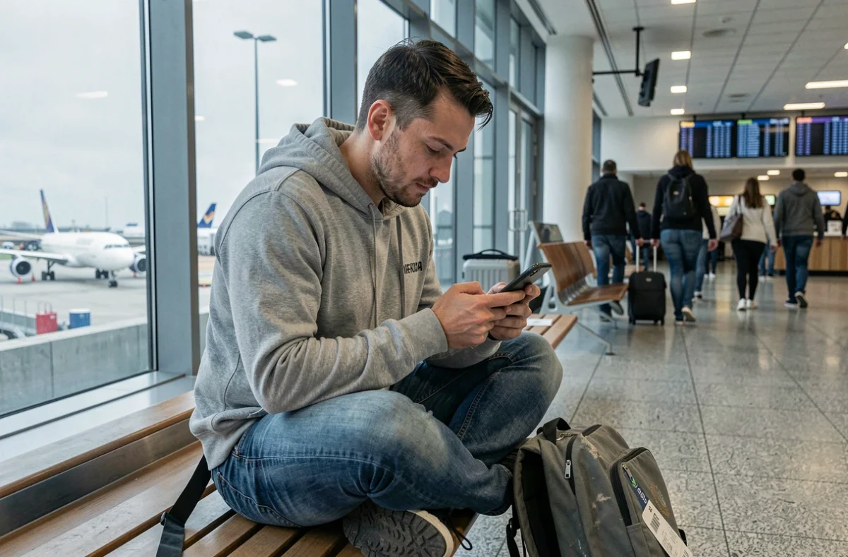 Voyageur consultant une application de réservation de voyage sur son smartphone dans un aéroport