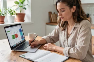 Femme planifiant un voyage en comparant les prix de vols sur un calendrier et un ordinateur portable