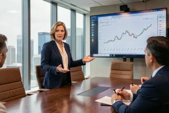 Responsable des relations investisseurs présentant des résultats financiers à des dirigeants en salle de réunion