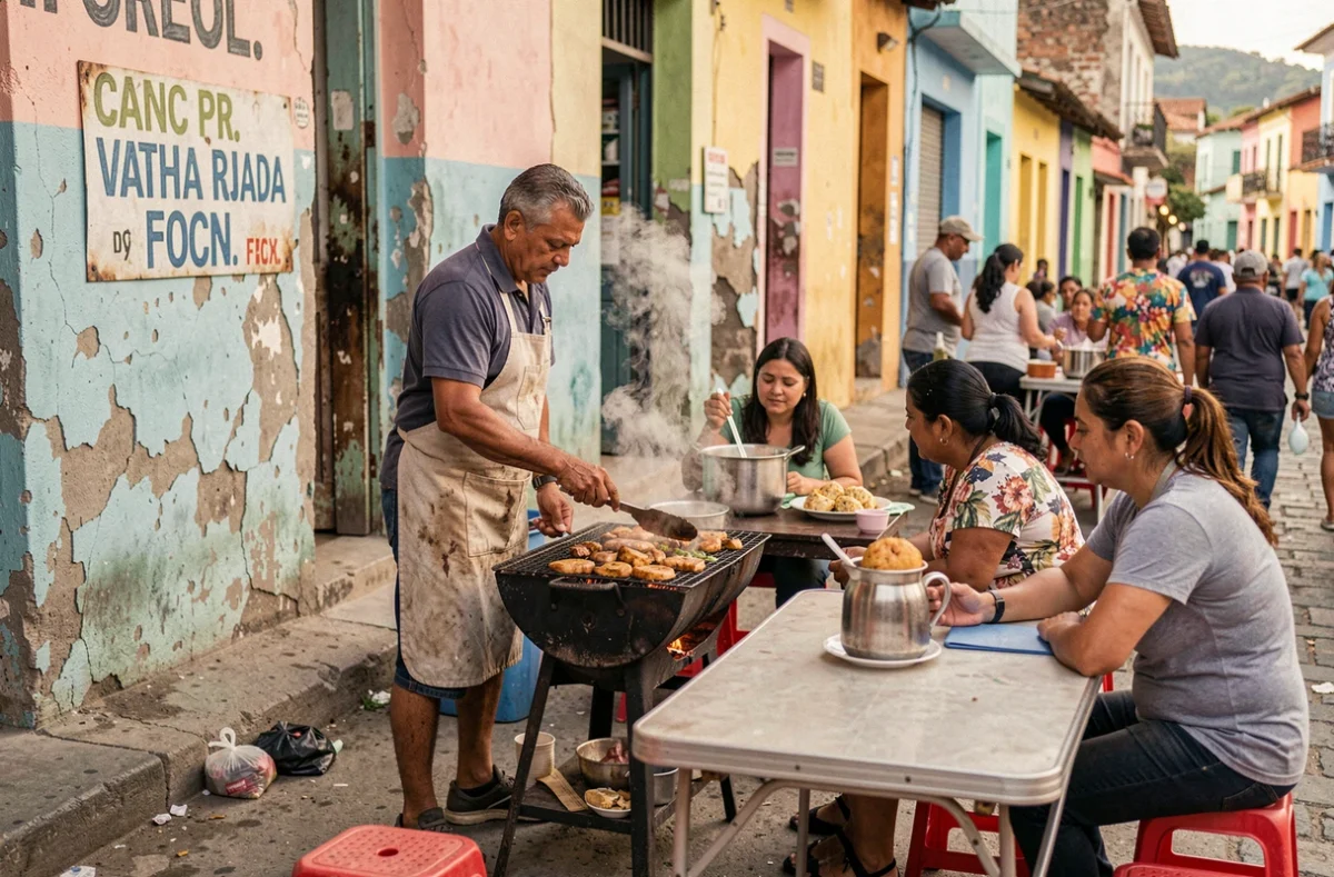 Scène de restauration de rue populaire en Amérique latine illustrant la vie quotidienne à faible coût