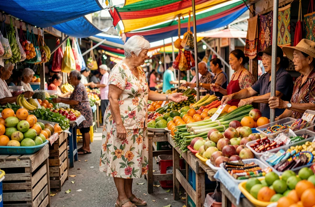 Femme retraitée au marché local tropical en Asie du Sud-Est, destination retraite abordable