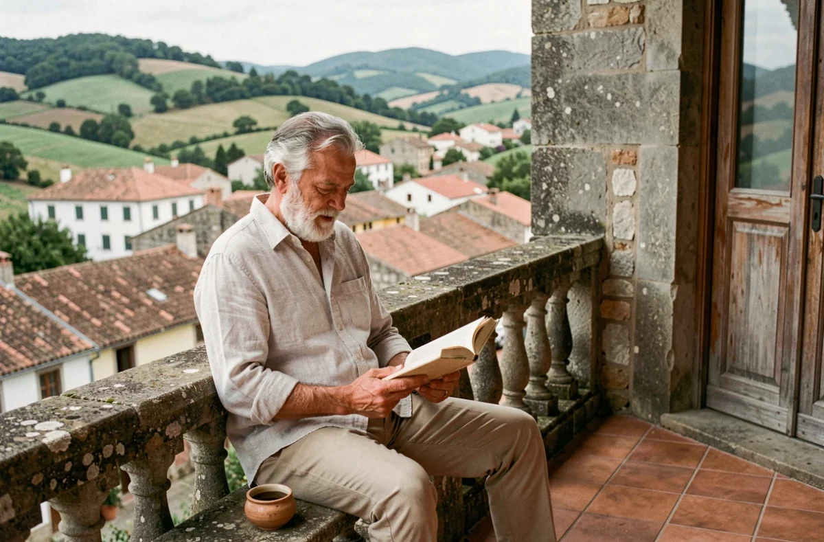 Homme retraité lisant sur un balcon en pierre avec vue sur un village rural européen paisible