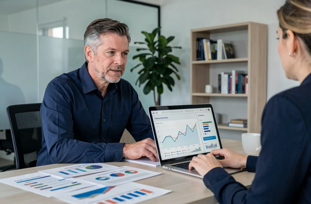 Homme en réunion avec un conseiller financier pour planifier son épargne et analyser des projections financières