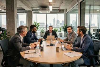 Équipe de professionnels en réunion autour d'une table de conférence, illustrant la création de la culture organisationnelle par la collaboration