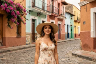 Femme en robe fleurie dans une rue coloniale colorée du Mexique avec bougainvillées et façades ocre
